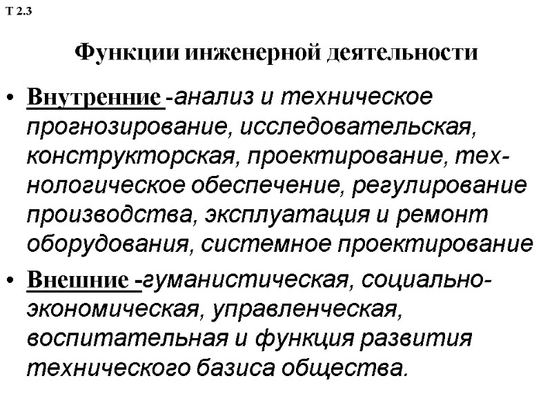 Функции инженерной деятельности Внутренние -анализ и техническое прогнозирование, исследовательская, конструкторская, проектирование, тех-нологическое обеспечение, регулирование